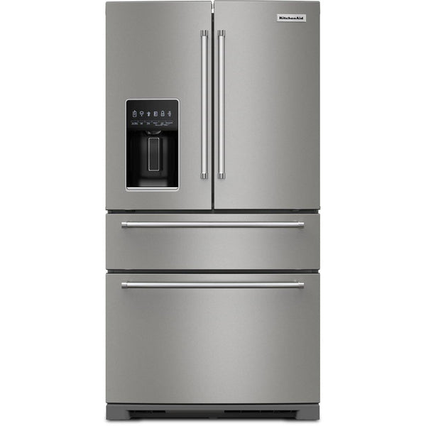 KitchenAid Réfrigérateur quatre portes avec porte à deux battants de 36 pouces avec système d'eau et de glaçons externe KRMF536RPS - Germain Larivière
