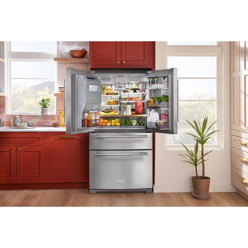 KitchenAid Réfrigérateur quatre portes avec porte à deux battants de 36 pouces avec système d'eau et de glaçons externe KRMF536RPS - Germain Larivière