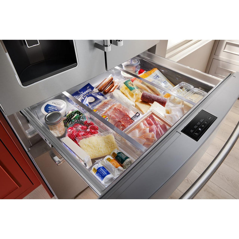 KitchenAid Réfrigérateur quatre portes avec porte à deux battants de 36 pouces avec système d'eau et de glaçons externe KRMF536RPS - Germain Larivière