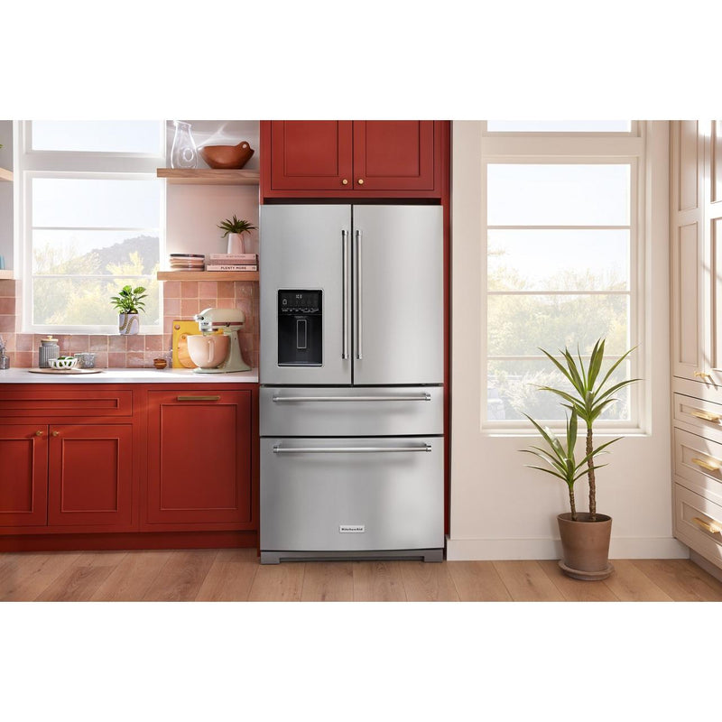 KitchenAid Réfrigérateur quatre portes avec porte à deux battants de 36 pouces avec système d'eau et de glaçons externe KRMF536RPS - Germain Larivière