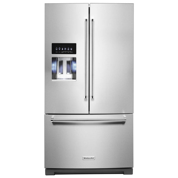KitchenAid Réfrigérateur trois portes avec porte à deux battants amovible de 36 po, 26,8 pi cu avec distributeur externe de glaçons et d'eau KRFF507HPS - Germain Larivière