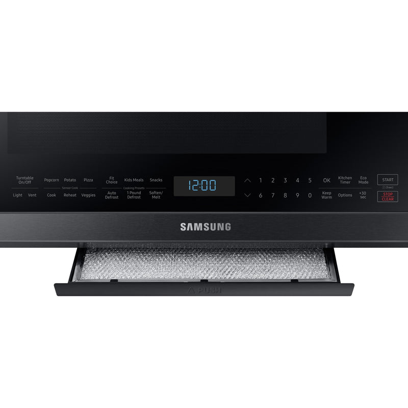 Samsung Four à micro - ondes au dessus de cuisinière de 30 po, 2,1 pi cu avec système de ventilation ME21M706BAG/AC - Germain Larivière
