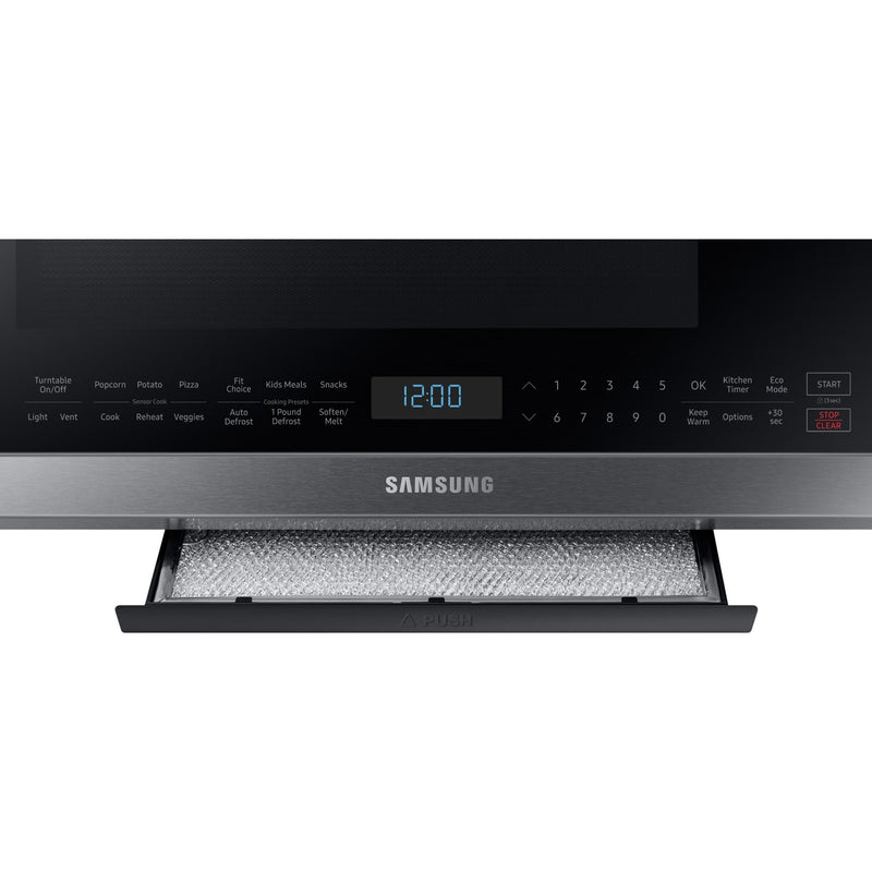 Samsung Four à micro - ondes au dessus de cuisinière de 30 po, 2,1 pi cu avec système de ventilation ME21M706BAS/AC - Germain Larivière